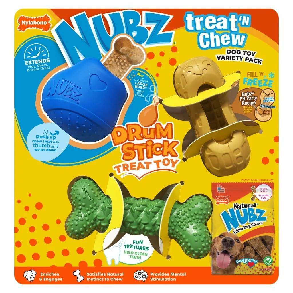 Nylabone NUBZ Treat N' Chew Dog Toy Variety Pack, Natural Rubber, 3-Count, Average Chewers, Dental Cleaning