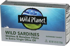 Wild Planet Wild Sardines in Extra Virgin Olive Oil with Sea Salt, Skinless & Boneless, Tinned Fish 4.25 Ounce (Pack of 12)