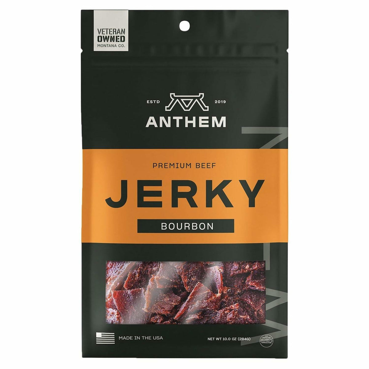 Anthem Premium Beef Jerky, Bourbon Flavor, 10 ounces.