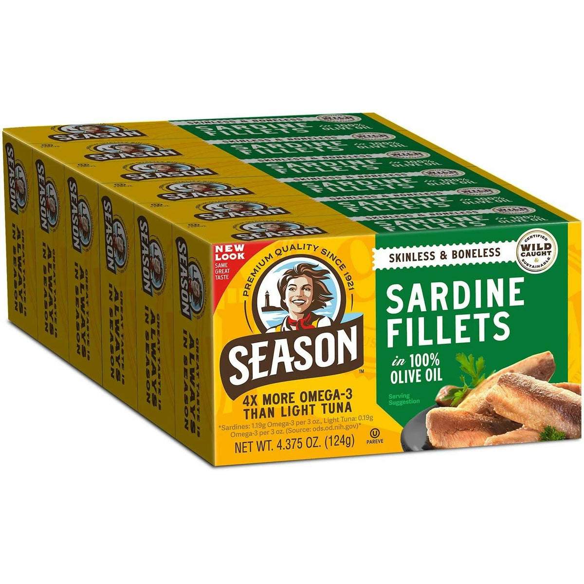 Season Sardines Skinless Boneless in 100% Olive Oil, Pack of 6, Wild-Caught, Rich in Omega-3, Ready-to-Eat, 4.375 oz Cans, High Protein, Keto Friendly Seafood