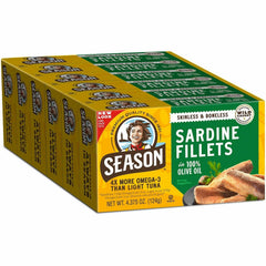 Season Sardines Skinless Boneless in 100% Olive Oil, Pack of 6, Wild-Caught, Rich in Omega-3, Ready-to-Eat, 4.375 oz Cans, High Protein, Keto Friendly Seafood