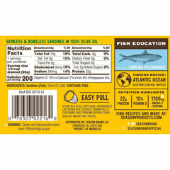 Season Sardines Skinless Boneless in 100% Olive Oil, Pack of 6, Wild-Caught, Rich in Omega-3, Ready-to-Eat, 4.375 oz Cans, High Protein, Keto Friendly Seafood