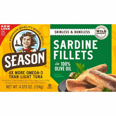 Season Sardines Skinless Boneless in 100% Olive Oil, Pack of 6, Wild-Caught, Rich in Omega-3, Ready-to-Eat, 4.375 oz Cans, High Protein, Keto Friendly Seafood