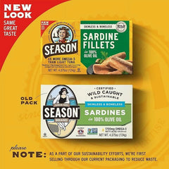 Season Sardines Skinless Boneless in 100% Olive Oil, Pack of 6, Wild-Caught, Rich in Omega-3, Ready-to-Eat, 4.375 oz Cans, High Protein, Keto Friendly Seafood