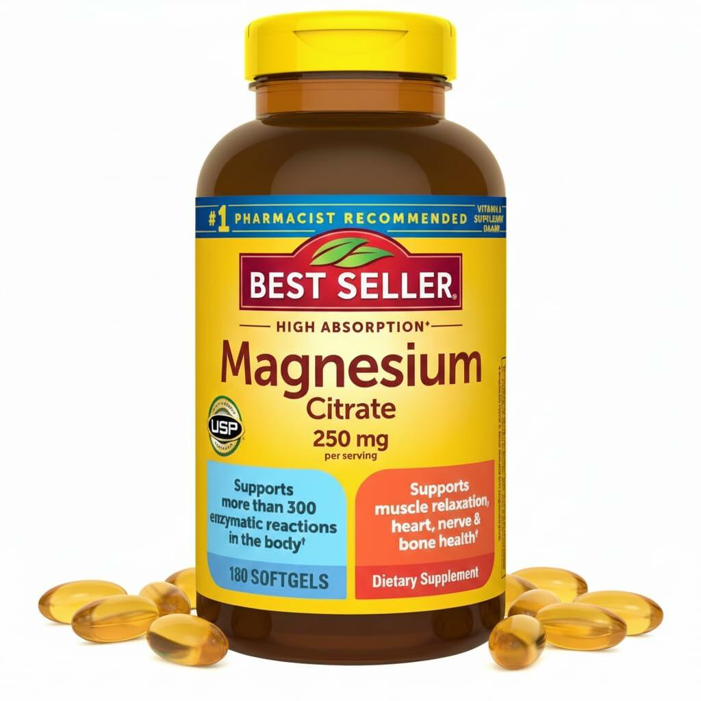 Nature Magnesium Citrate 250 mg (180 Softgels) | + Essential Vitamins & Dietary Supplements | Supports Muscle Relaxation, Nerve, Heart & Bone Health
