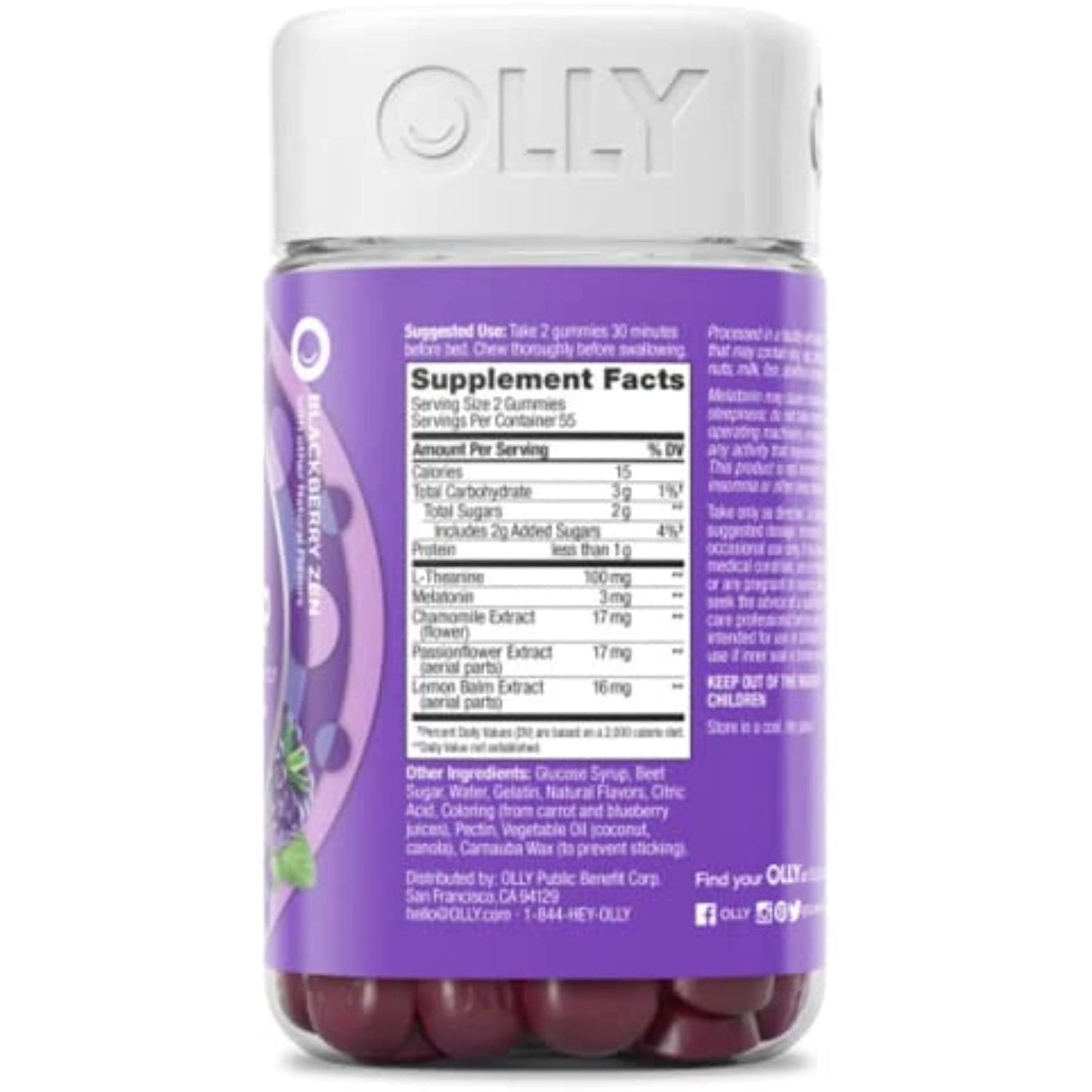OLLY Restful Sleep Gummy Supplement with Melatonin & L-theanine Chamomile, BlackBerry Zen, (55 Day Supply) Supports A Healthy Sleep Cycle* Packaging May Vary (110 Gummies)
