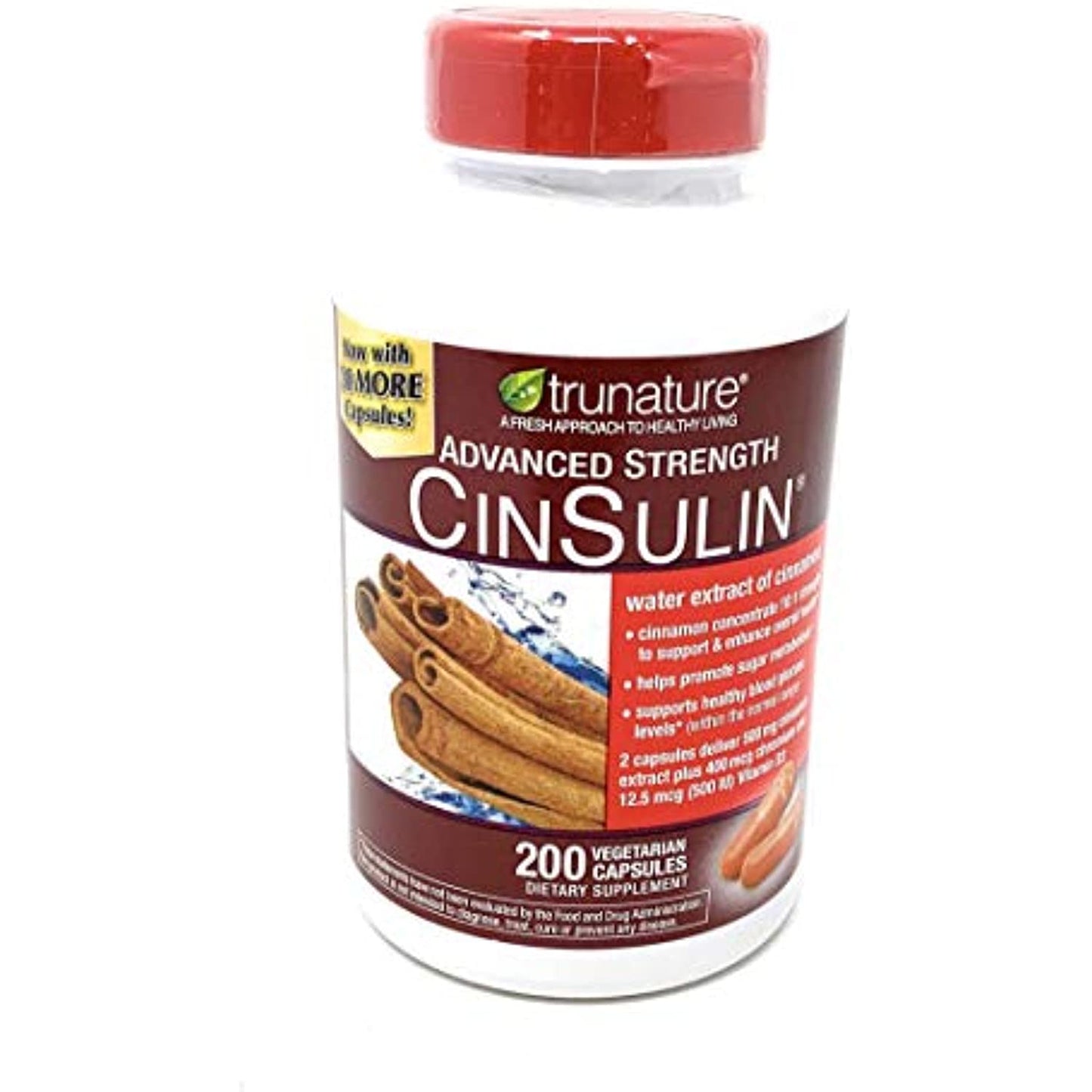 TruNature Advanced Strength Cinsulin Cinnamon, Chromium Picolinate, Vitamin D3 Cinnamon 500 Mg, Chromium Picolinate, 400 Mcg, Vitamin D3, 500 Iu , 200 Capsules by TruNature