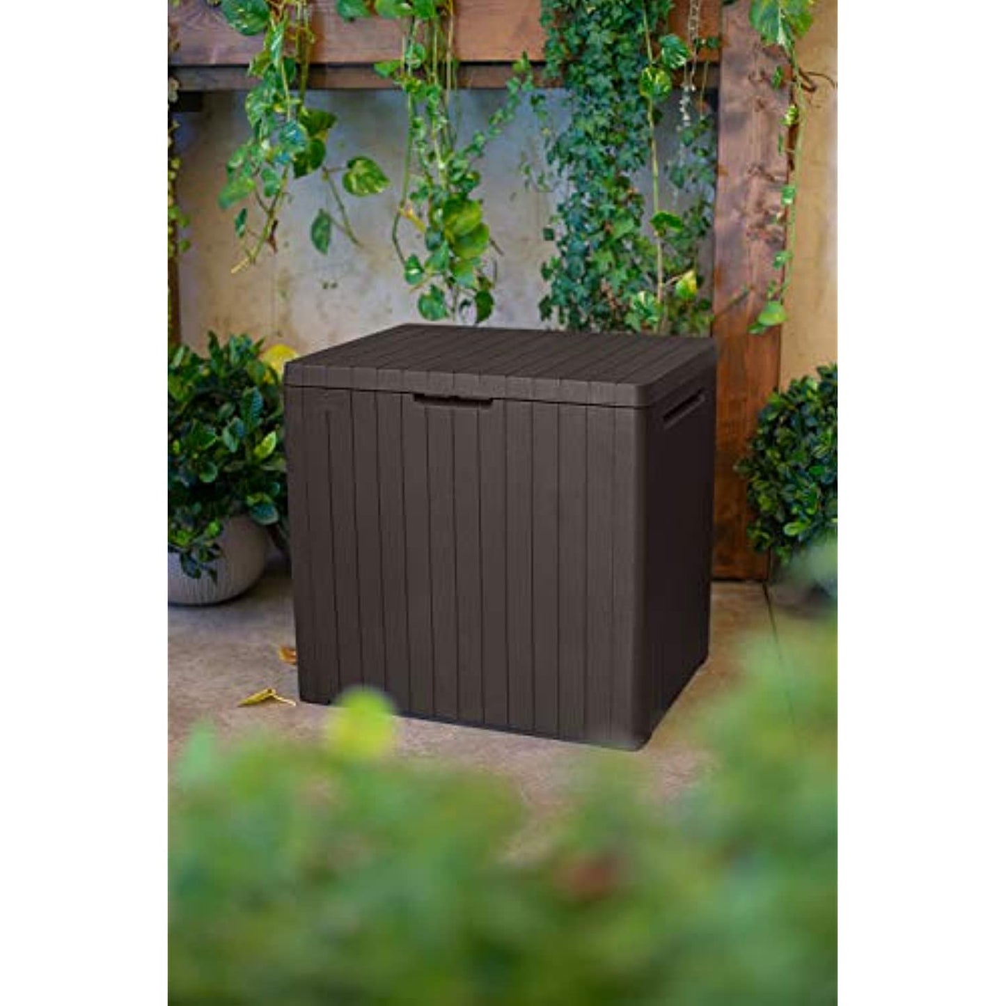 Keter City 30 Gallon Resin Deck Box for Patio Furniture, Pool Accessories, and Storage for Outdoor Toys, Brown