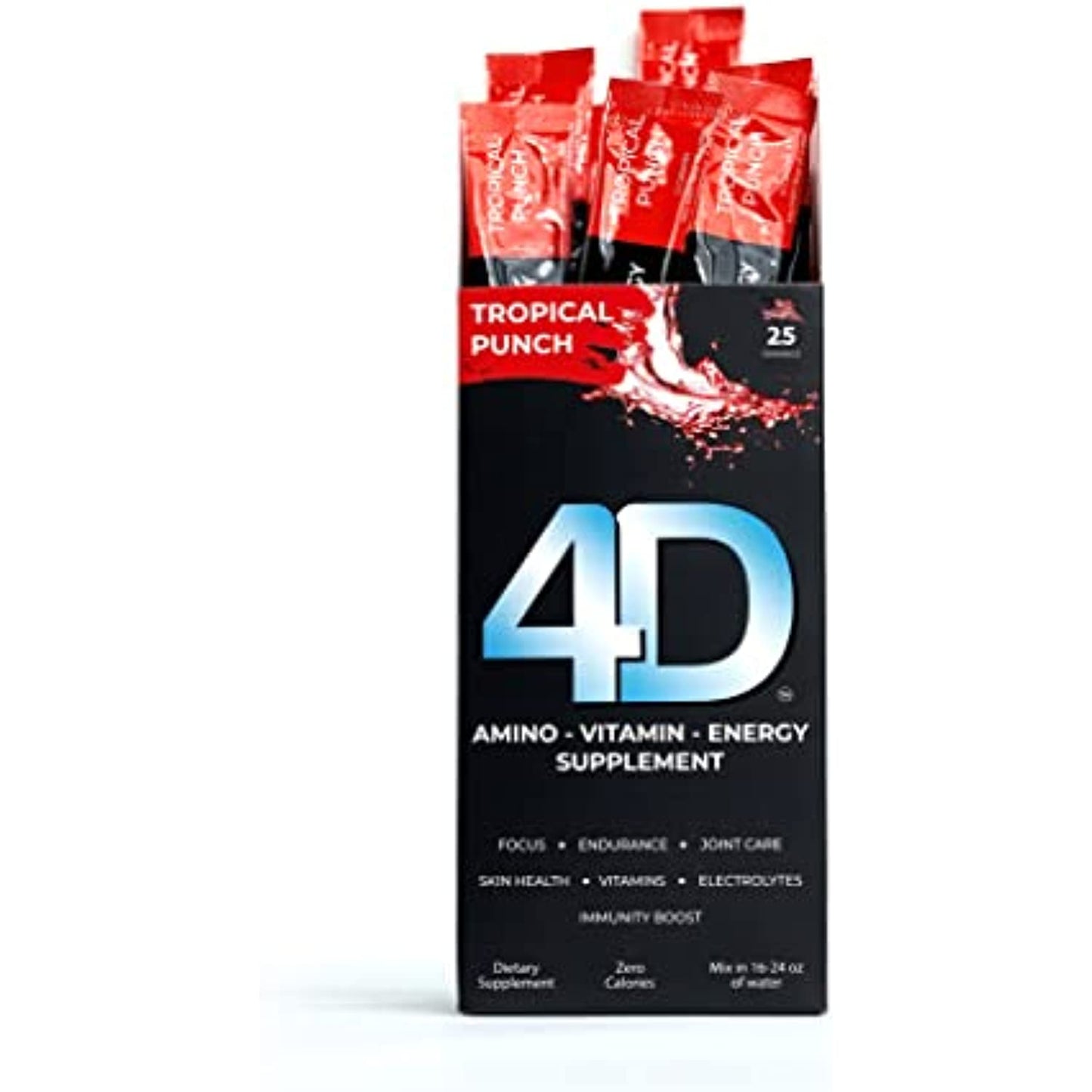 4D Clean Energy Drink Mix + Electrolytes + Immune Support + MultiVitamins + Joint and Skin Support (Tropical Punch Flavor, 25 Pack)