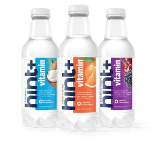 Hint+ Vitamin Variety 12-Pack includes four bottles each of Coconut, Clementine, Blackberry Cherry (16oz bottles)