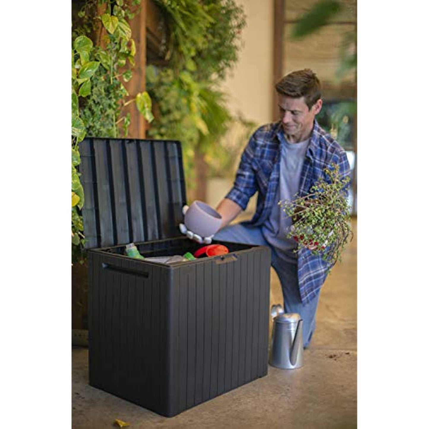 Keter City 30 Gallon Resin Deck Box for Patio Furniture, Pool Accessories, and Storage for Outdoor Toys, Brown