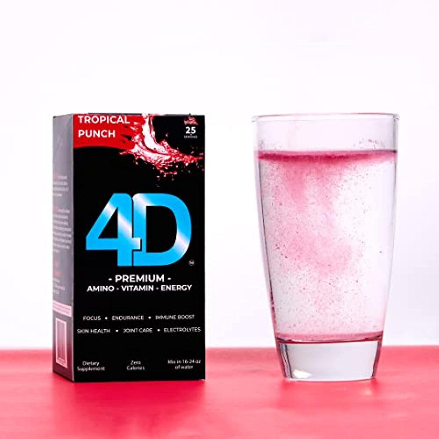 4D Clean Energy Drink Mix + Electrolytes + Immune Support + MultiVitamins + Joint and Skin Support (Tropical Punch Flavor, 25 Pack)