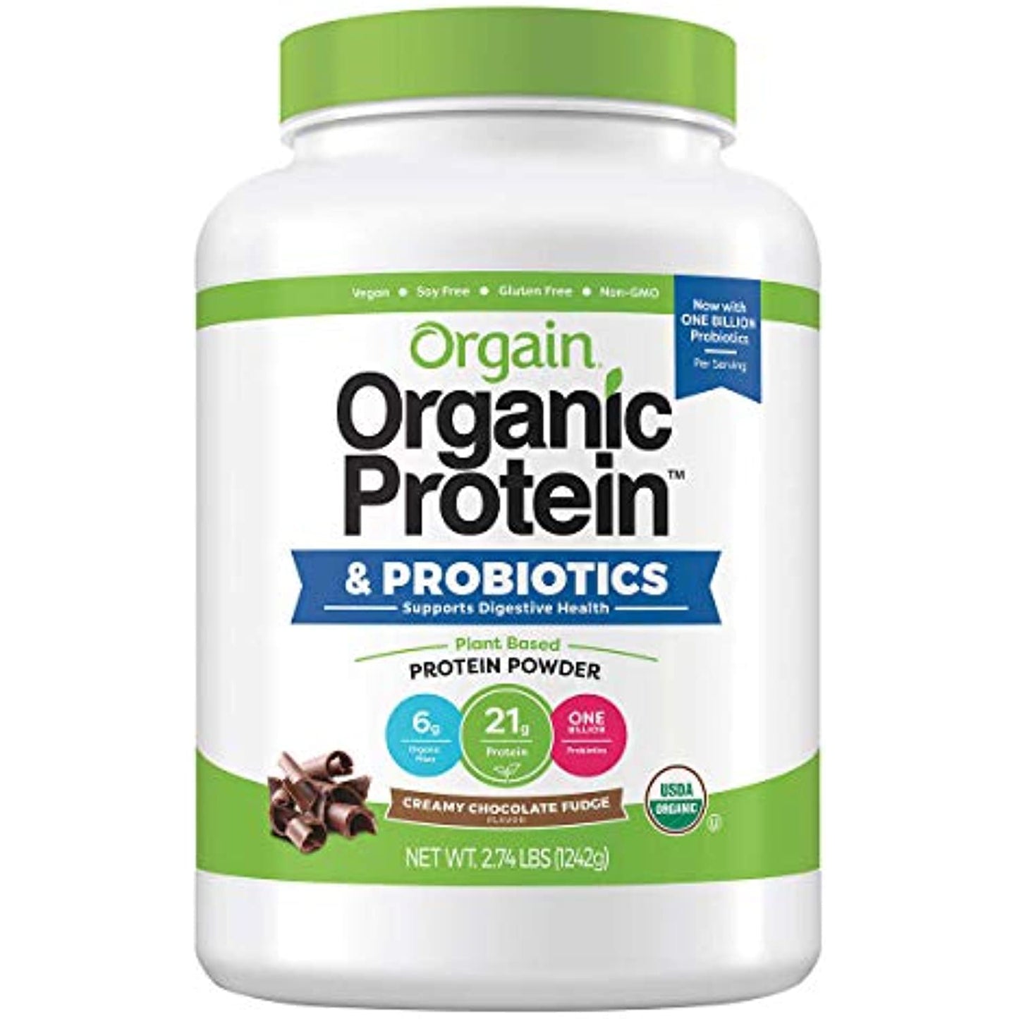 Orgain Organic Plant Based Protein Powder, Creamy Chocolate Fudge - Vegan, Low Net Carbs, Non Dairy, Gluten Free, Lactose Free, No Sugar Added, Soy Free, Kosher, Non-GMO