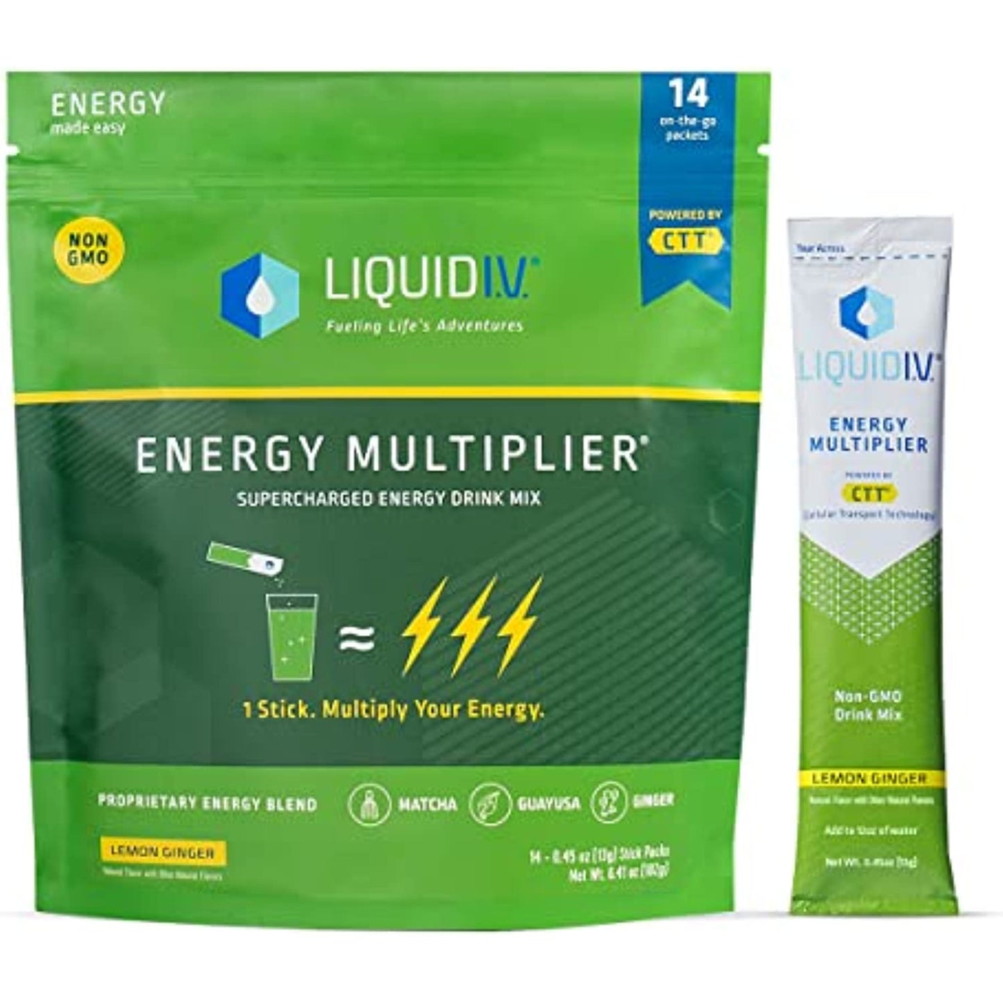 Liquid I.V. Energy Multiplier | Energy Powder Drink Sticks | Matcha and Green Energy Blend Drink Mix | Natural Caffeine | Easy Open Single-Serving Stick | Non-GMO | Lemon Ginger | 168 Sticks