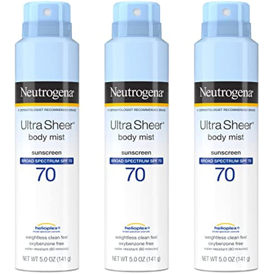 Neutrogena Ultra Sheer Body Mist Sunscreen Spray Broad Spectrum SPF 70, Lightweight, Non-Greasy & Water Resistant, Oil-Free & Non-Comedogenic UVA/UVB Sunscreen Mist, 5 oz (Pack of 3)