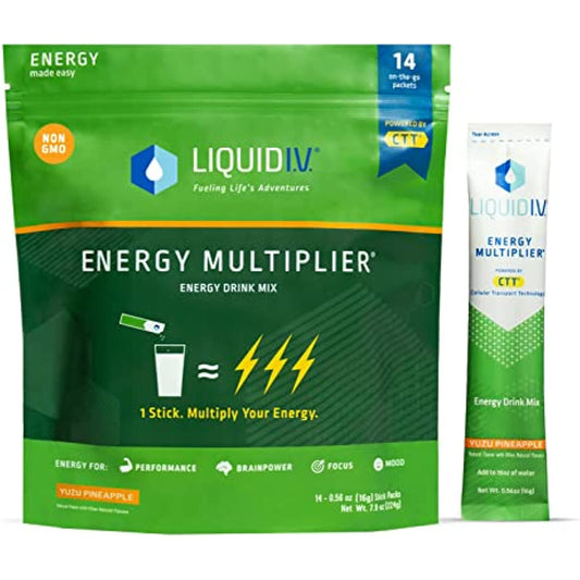 Liquid I.V. NEW Yuzu Pineapple Energy Multiplier | Energy Powder Drink Sticks | Proprietary Energy Blend | Natural Caffeine | Easy Open Single-Serving Stick | Non-GMO | Yuzu Pineapple - 14 Sticks