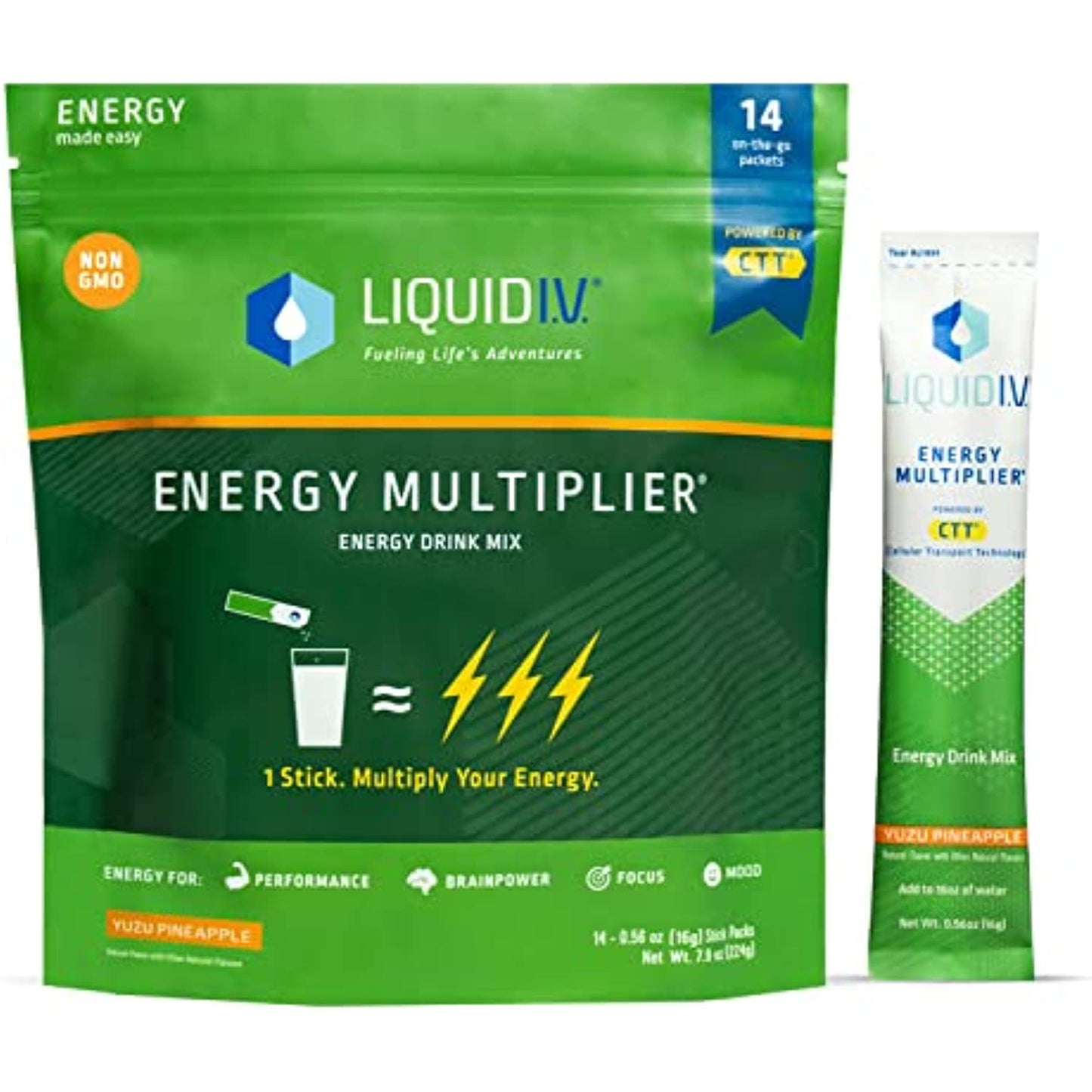 Liquid I.V. NEW Yuzu Pineapple Energy Multiplier | Energy Powder Drink Sticks | Proprietary Energy Blend | Natural Caffeine | Easy Open Single-Serving Stick | Non-GMO | Yuzu Pineapple - 14 Sticks