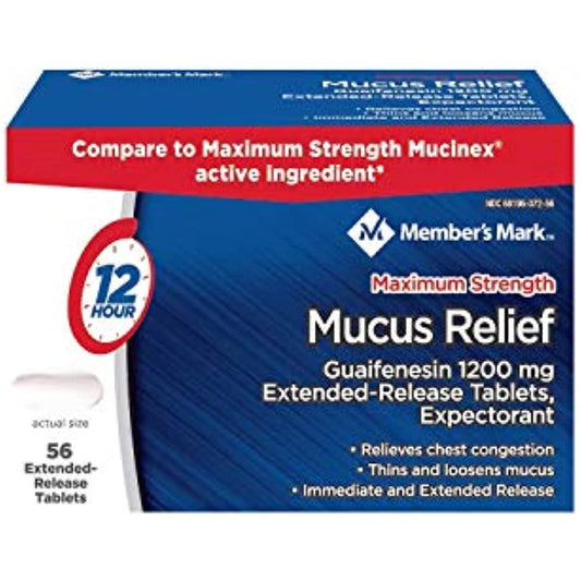 Member's Mark Mucus Relief Maximum Strength Guaifenesin 1200mg, 56 Tablets