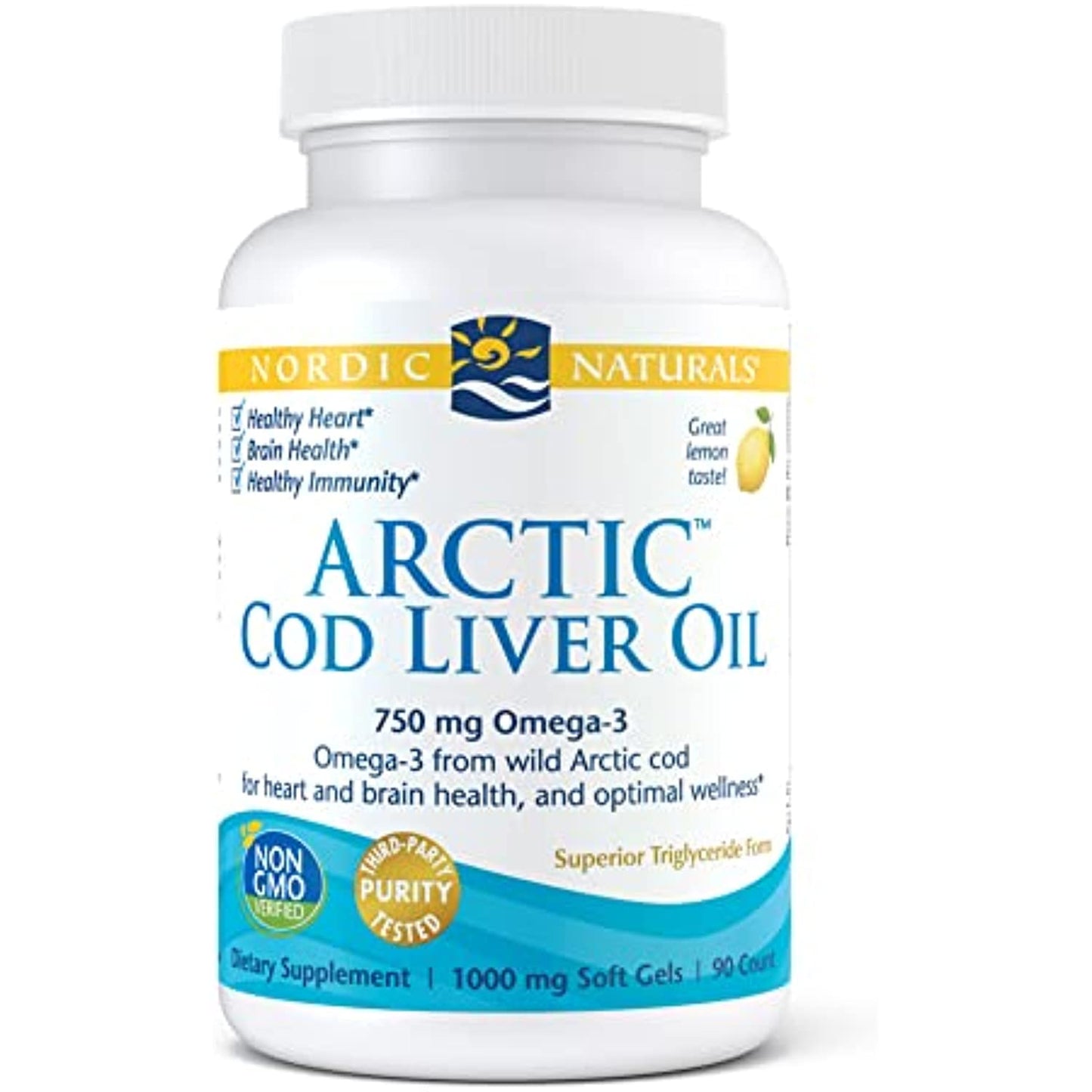 Nordic Naturals Arctic Cod Liver Oil, Lemon - 90 Soft Gels - 750 mg Total Omega-3s with EPA & DHA - Heart & Brain Health, Healthy Immunity, Overall Wellness - Non-GMO - 30 Servings