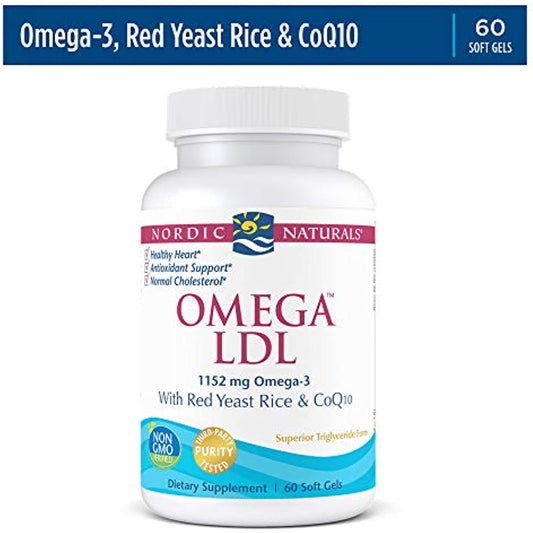 Nordic Naturals Omega LDL, Lemon - 60 Soft Gels - 1152 mg Omega-3 + Red Yeast Rice & CoQ10 - Heart Health, Normal Cholesterol, Antioxidant Support - EPA & DHA - Non-GMO - 20 Servings