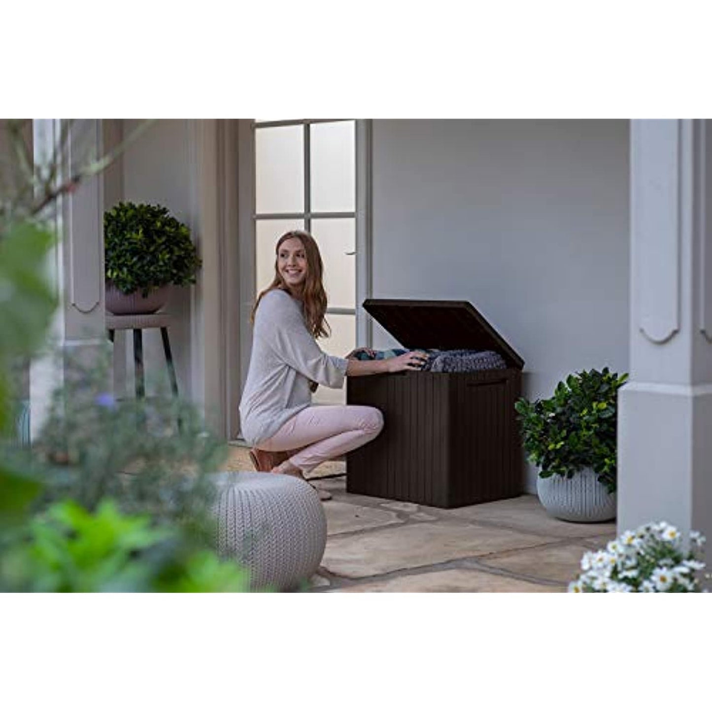 Keter City 30 Gallon Resin Deck Box for Patio Furniture, Pool Accessories, and Storage for Outdoor Toys, Brown