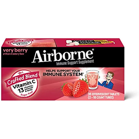 Airborne 1000mg Vitamin C with Zinc Effervescent Tablets, Immune Support Supplement with Powerful Antioxidants Vitamins A C & E - 36 Fizzy Drink Tablets, Very Berry Flavor