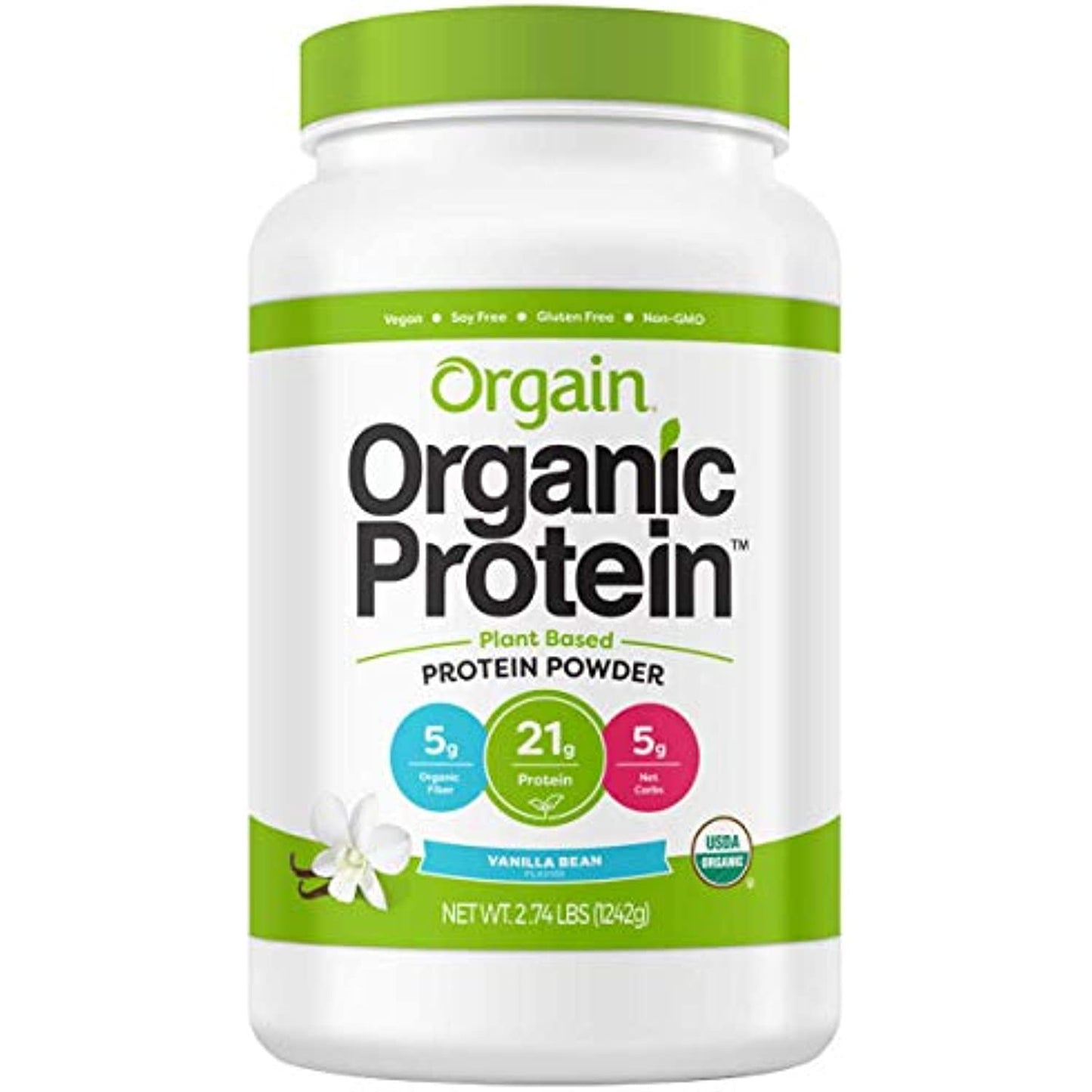 Orgain Organic Plant Based Protein Powder, Natural Unsweetened - Vegan, Low Net Carbs, Non Dairy, Gluten Free, Lactose Free, No Sugar Added - 2.74lb, Vanilla Bean