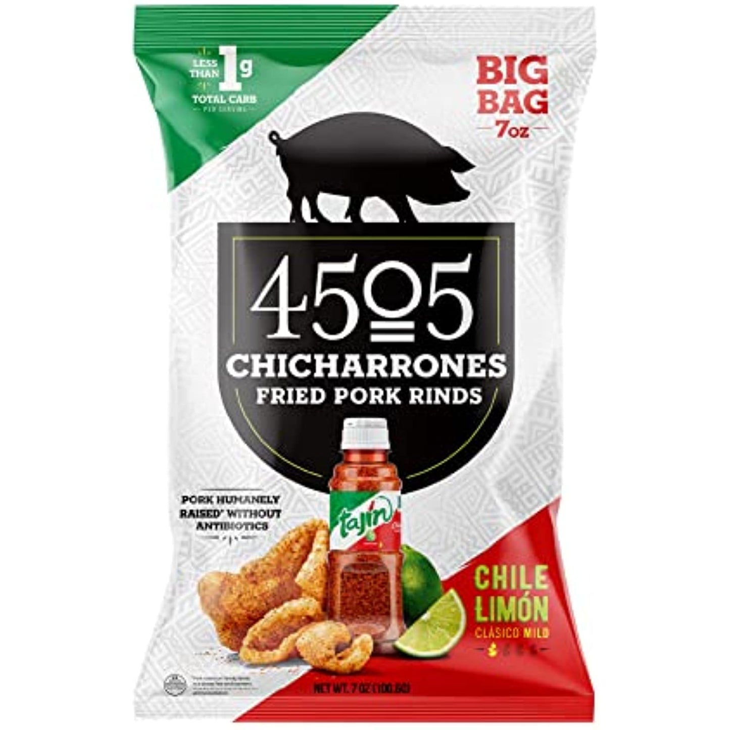 4505 Meats Tajin, Chicharrones, Fried Pork Rinds, Keto Certified, Family Size Bag, 14 Servings, 7 Ounce Bag