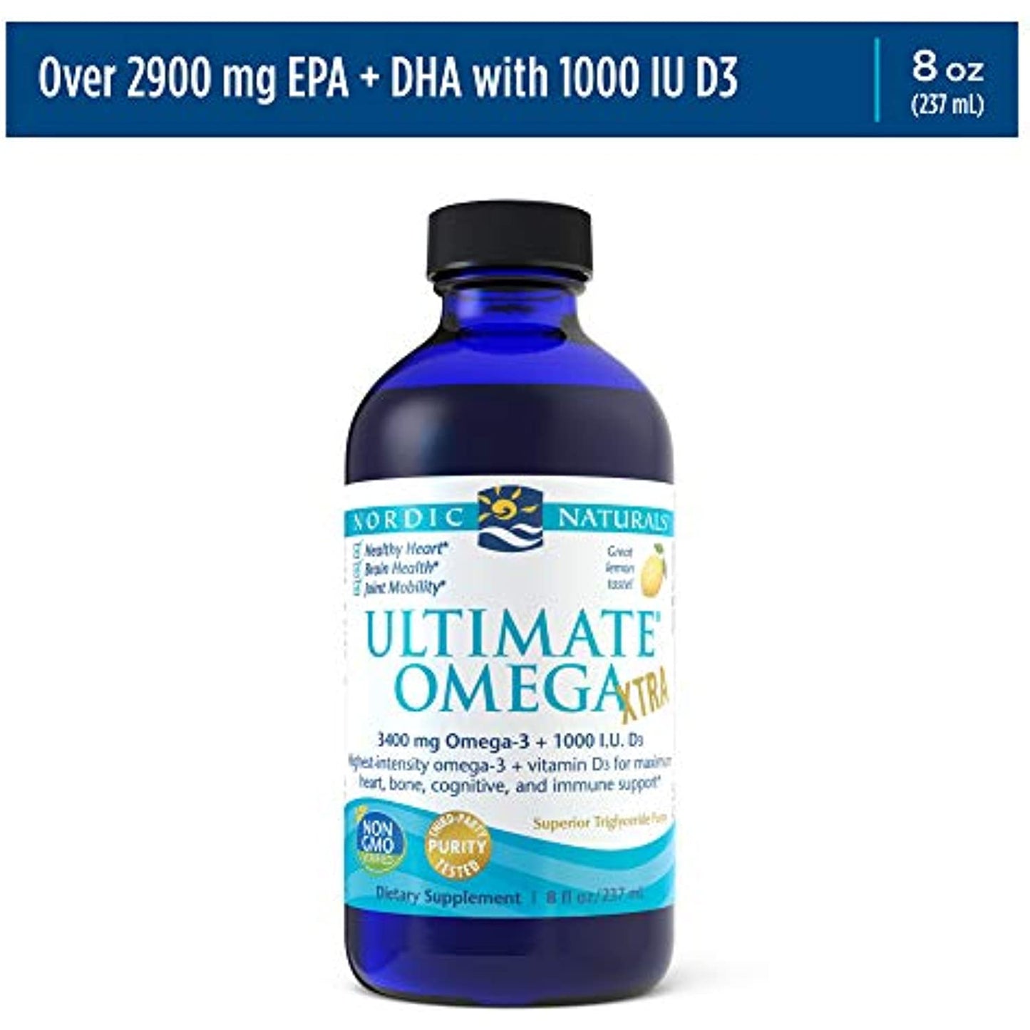 Nordic Naturals Ultimate Omega Xtra Liquid, Lemon Flavor - 8 oz - 3400 mg Omega-3 + 1000 IU Vitamin D3 - Omega-3 Fish Oil - EPA & DHA - Brain, Heart, Joint, & Immune Health - Non-GMO - 48 Servings
