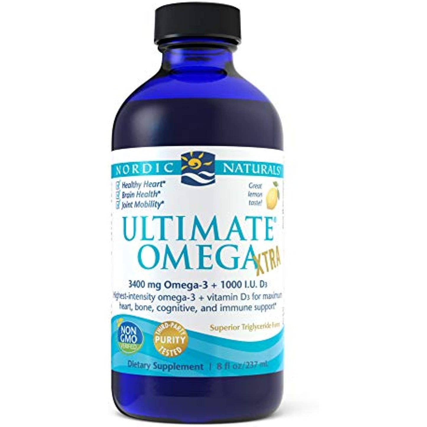 Nordic Naturals Ultimate Omega Xtra Liquid, Lemon Flavor - 8 oz - 3400 mg Omega-3 + 1000 IU Vitamin D3 - Omega-3 Fish Oil - EPA & DHA - Brain, Heart, Joint, & Immune Health - Non-GMO - 48 Servings