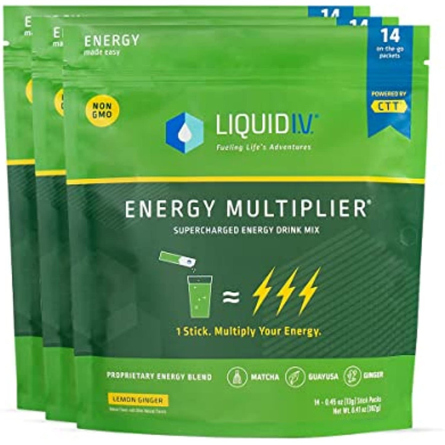 Liquid I.V. Energy Multiplier | Energy Powder Drink Sticks | Matcha and Green Energy Blend Drink Mix | Natural Caffeine | Easy Open Single-Serving Stick | Non-GMO | Lemon Ginger | 42 Sticks