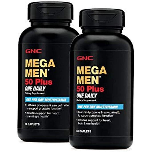 GNC Mega Men 50 Plus One Daily Multivitamin, Twin Pack, 60 Caplets per Bottle, Supports Heart, Brain and Eye Health