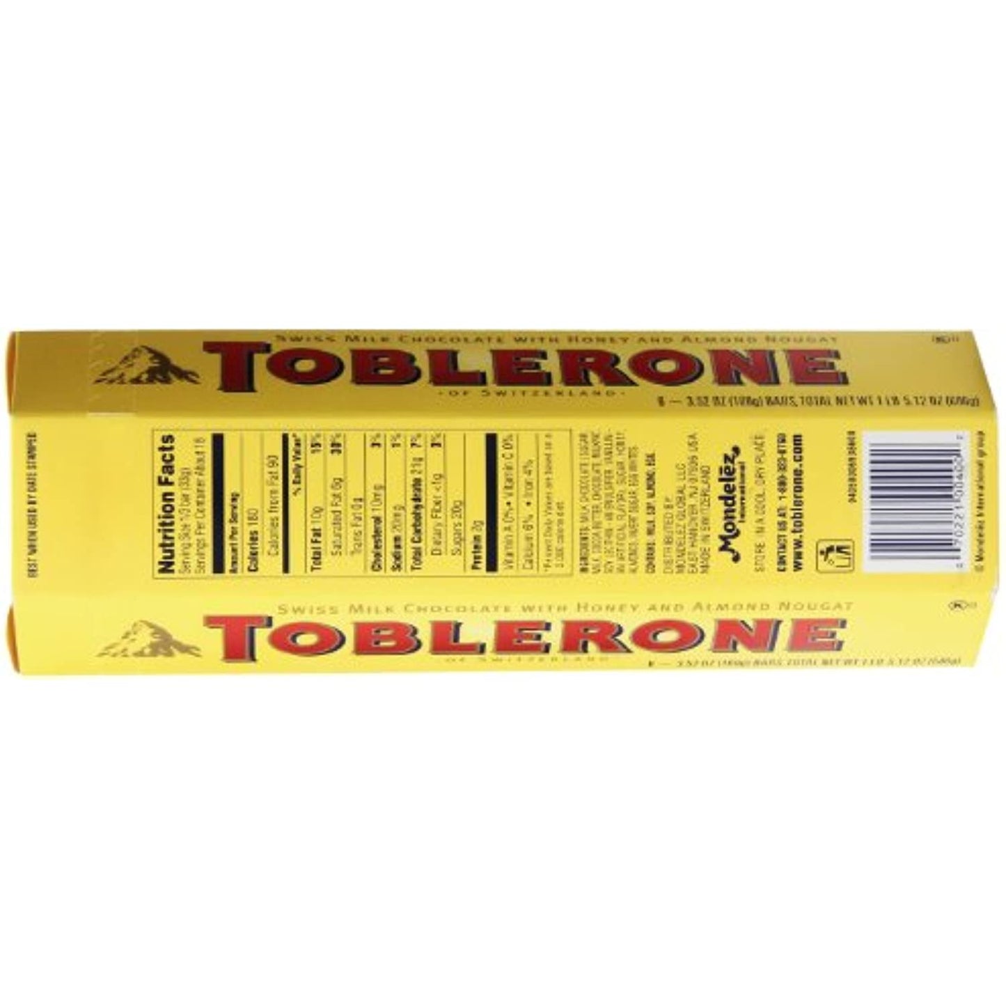 Toblerone Swiss Milk Chocolate with Honey and Almond Nougat, 6 - 100g Bars, Total Net Wt 600g, 3.52 Ounce (Pack of 6)