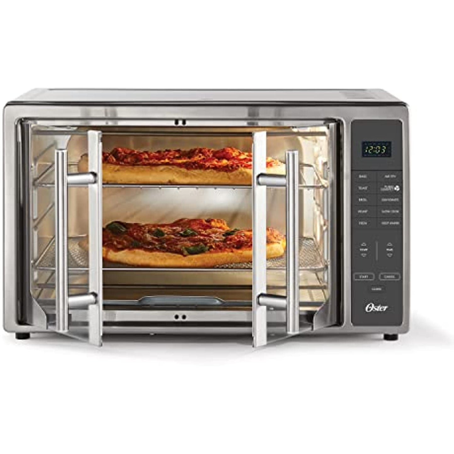 Oster Air Fryer Oven, 10-in-1 Countertop Toaster Oven, XL Fits 2 16" Pizzas, Stainless Steel French Doors