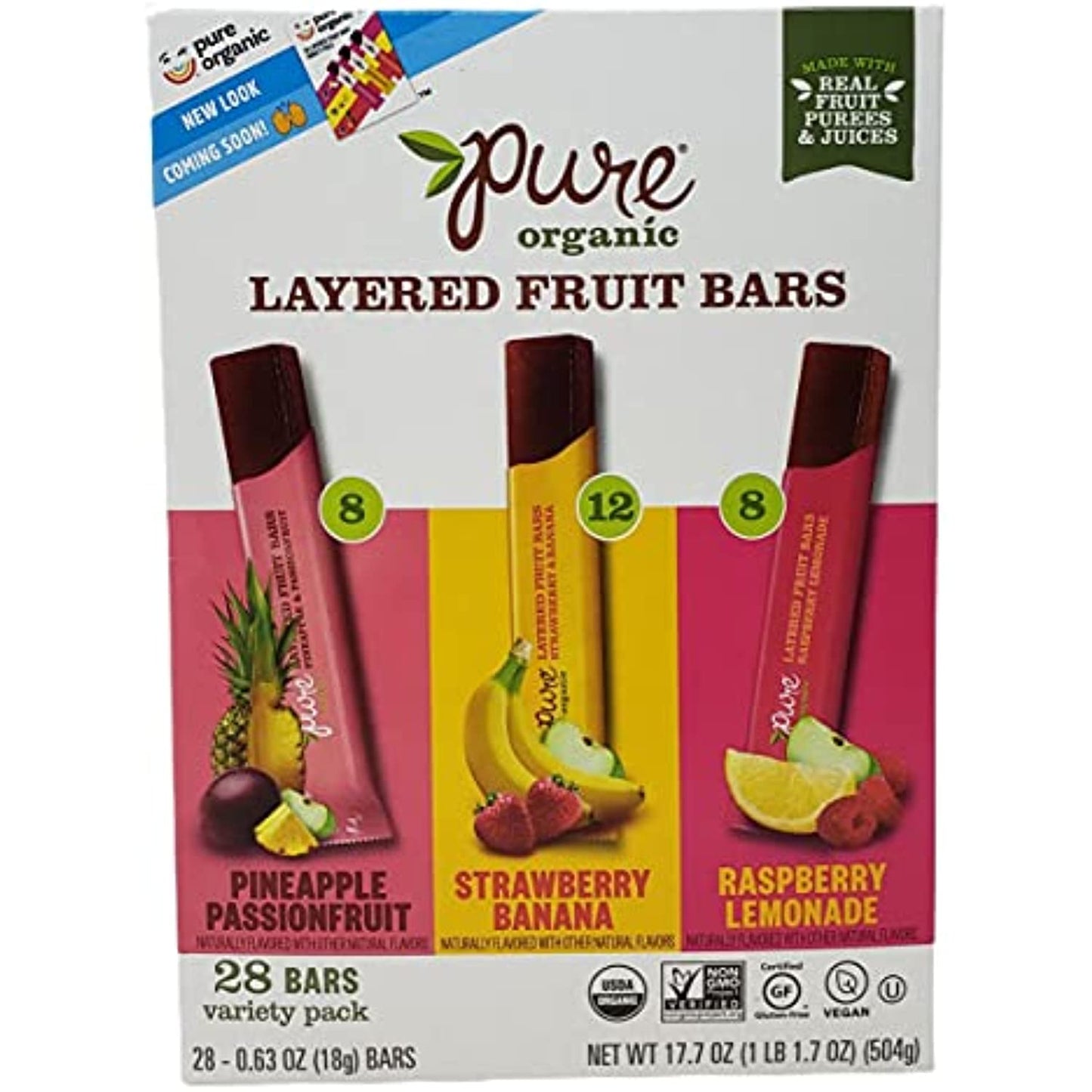 Pure Organic Layered Fruit Bars - Pineapple Passion Fruit, Strawberry Banana, and Raspberry Lemonade - 28 Fruit Bars Per Box - Choose a 56 Pack or 84 Pack (56)