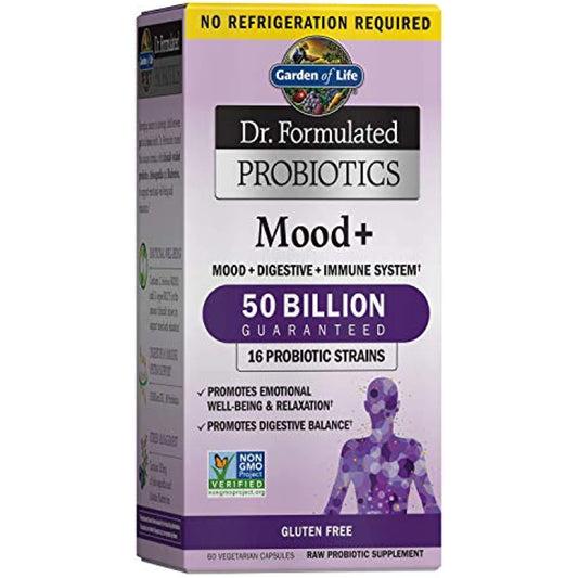 Garden of Life Dr. Formulated Probiotics Mood+ Acidophilus Probiotic Supplement - Promotes Emotional Well-Being, Relaxation and Digestive Balance - Ashwagandha for Stress Management, 60 Veggie Caps