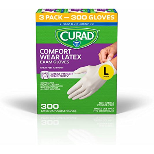 CURAD Comfort Wear Latex, Vinyl Exam Gloves, Large (Pack of 300)