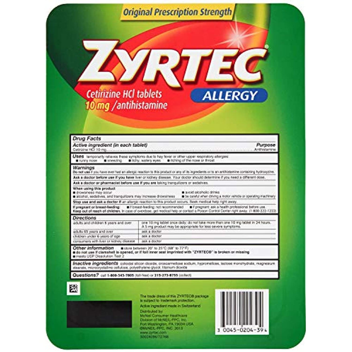 Zyrtec Cetrizine HCl/Antihistamine, 10mg, 50 Count, Pack of 2