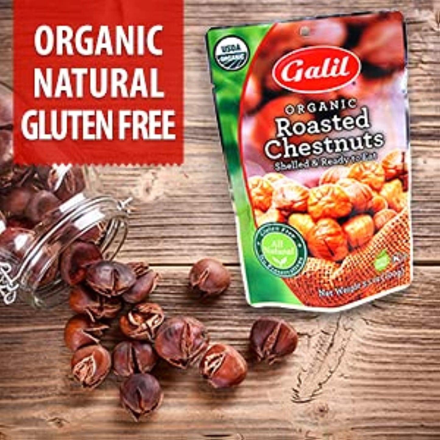 Galil Organic Roasted Chestnuts | Shelled | Ready to Eat Snack | Gluten Free, All Natural, 100% Vegan, No Preservatives | Great for Snacking, Baking, Cooking & Turkey Stuffing | 3.5oz Bags (Pack of 6)