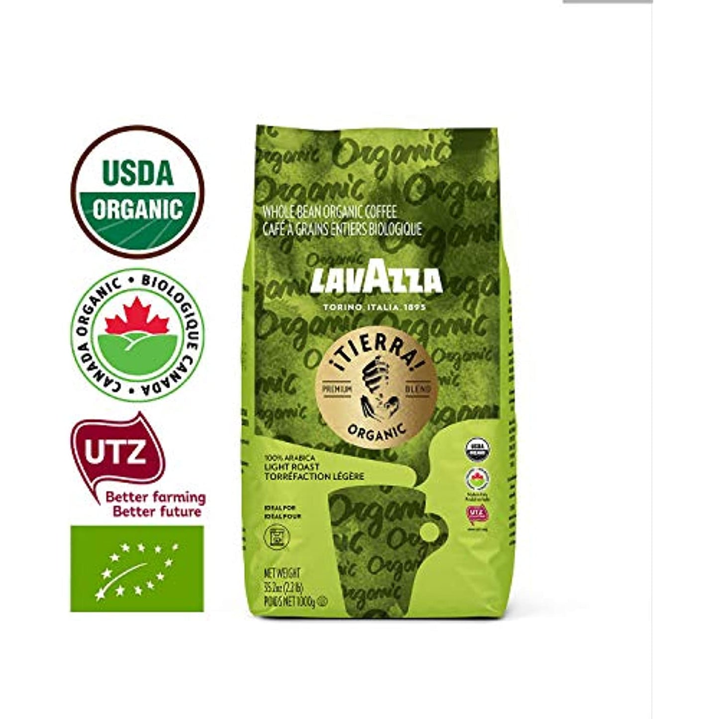 Lavazza Organic �Tierra! Whole Bean Coffee Blend, Light Roast, 2.2 LB (packaging may vary) ,Premium Arabica, USDA Organic, Canada Organic, UTZ & Euro Leaf Organic certified;100% sustainably grown