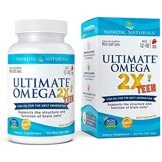 Nordic Naturals Ultimate Omega 2X Teen, Strawberry - 60 Mini Soft Gels - 1120 mg Total Omega-3s with EPA & DHA - Brain Health, Positive Mood, Social Development, Learning - Non-GMO - 30 Servings