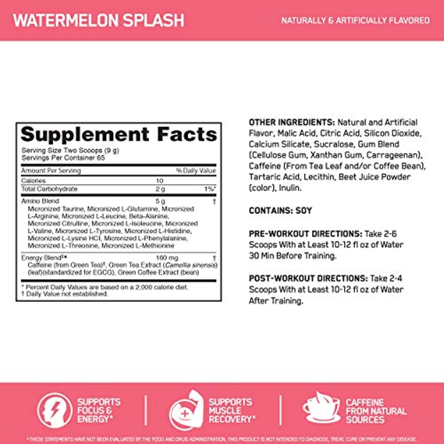 Optimum Nutrition Amino Energy + Electrolytes Powder - Pre Workout, BCAAs, Amino Acids, Keto Friendly, Energy Powder - Watermelon Splash, 65 Servings