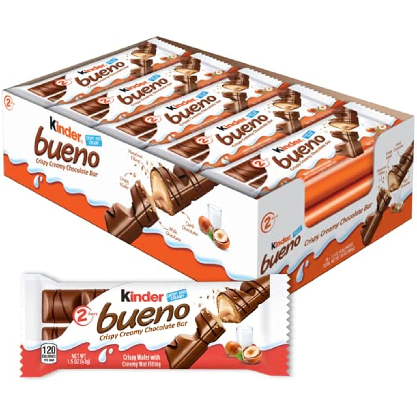 Kinder Bueno Milk Chocolate and Hazelnut Cream, 2 Individually Wrapped Chocolate Bars Per Pack, Great Holiday Treats, 1.5 oz each, Bulk 20 Pack
