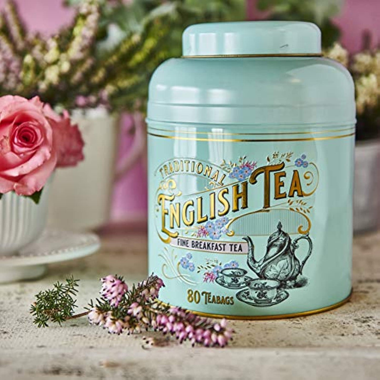 New English Teas Vintage Victorian Round Tea Caddy with 240 Fine English Teabags (Mint Green)