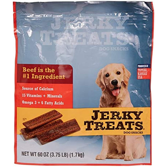 Jerky Treats Tender Beef Strips Dog Snacks 2 Bags of 60 oz Each, Produced in USA