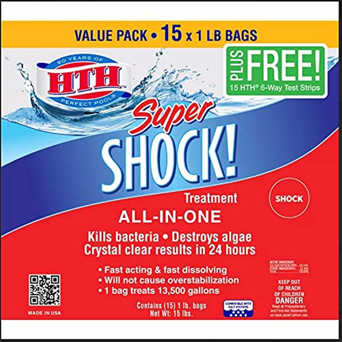 HTH 52123 Super Shock Treatment Swimming Pool Chlorine Cleaner, 1 lb (Pack of 15)