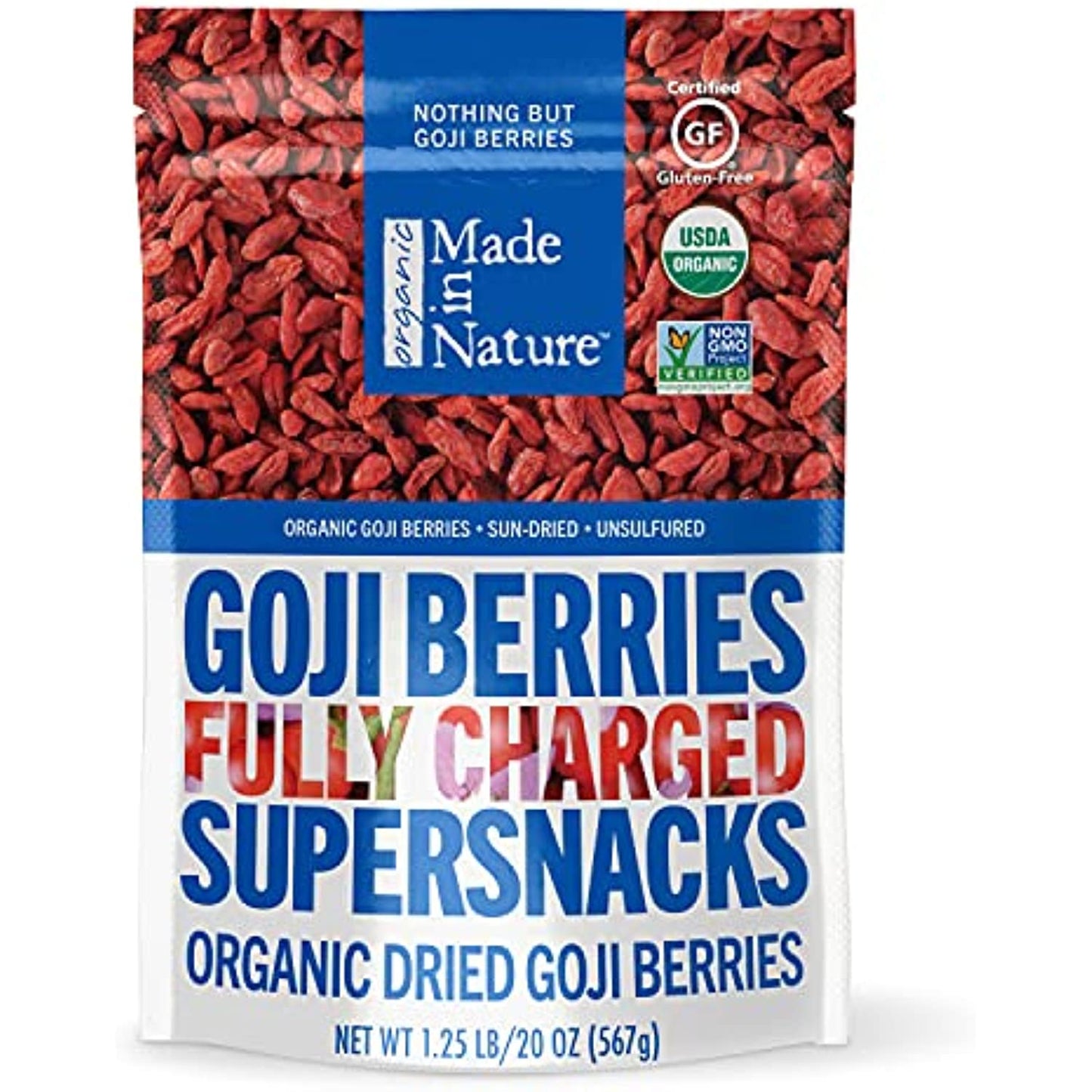 Made in Nature | Organic Sun Dried Goji Berries | Non-GMO, Unsulfured Vegan Snack | 20oz Bag (Pack of 1)