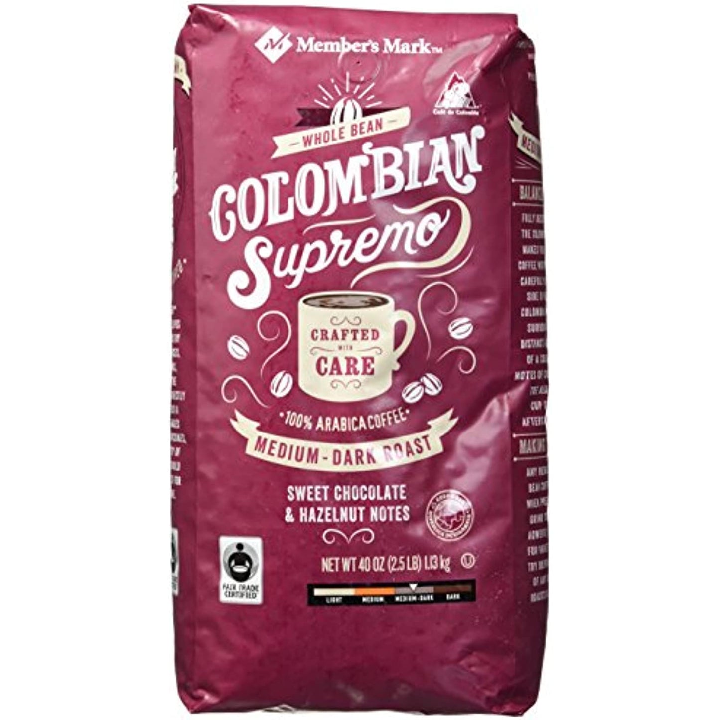 Member's Mark Colombian Supremo Whole Bean Coffee (40 OZ), Sweet Chocolate & Hazelnut Notes, 40 oz, Medium Dark Roast