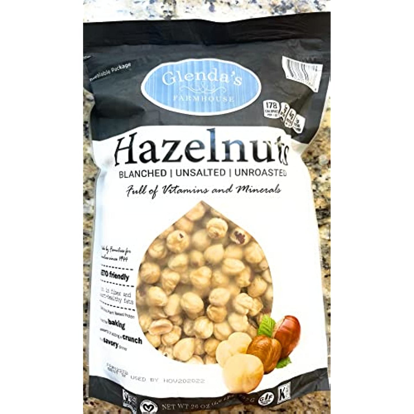 Glenda�s farmhouse hazelnut blanched unsalted unroasted vegan kosher gluten free non gmo hazelnuts 26 oz value pack 1,6 lb 2 packs keto friendly