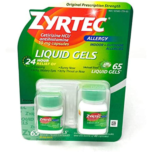 Zyrtec Cetirizine HCI/Antihistamine 10mg 65 Liquid Gels One Bottle of 25 and One Bottle of 40